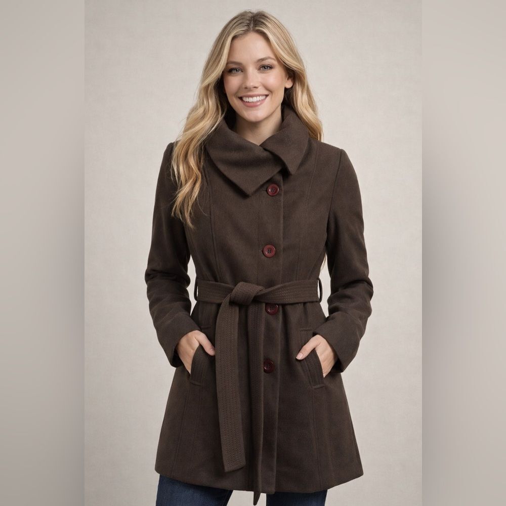 Nine West Olive Green Belted Wool Blend Coat NWOT